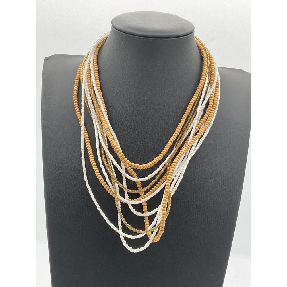 Multi-Strand Beige & White Beaded Necklace